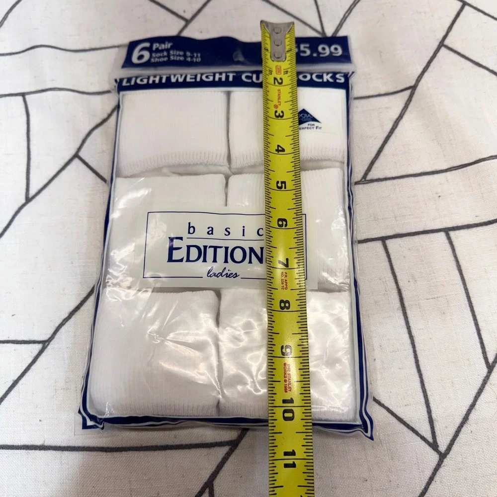 Basic Editions Lightweight VTG Cuff Socks 9-11 White 6 Pr Pack Cotton Blend Crew